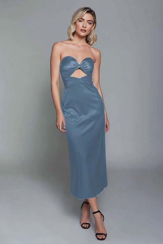 Dusty Blue Sheath Cut Out Satin Sweetheart Long Formal Dress