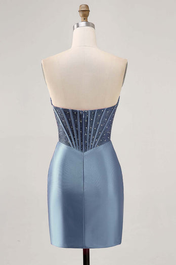 Sparkly Fuchsia Strapless Short Tight Corset Satin Homecoming Dress