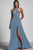 Load image into Gallery viewer, Black A Line Pleated Halter Neck Formal Dress with Slit