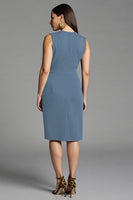 Load image into Gallery viewer, Navy Bodycon Satin V-Neck Midi Work Dress with Ruffles