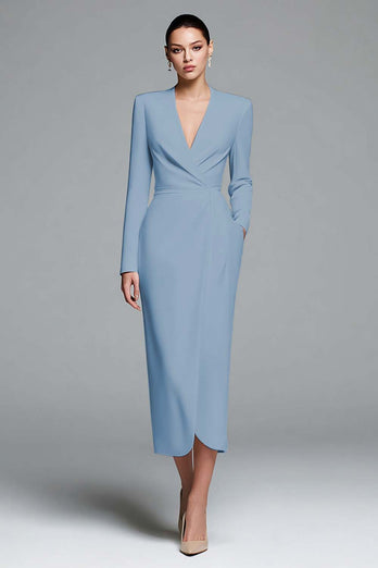 Dusty Rose Sheath Satin V-Neck Ruched Long Sleeves Work Dress