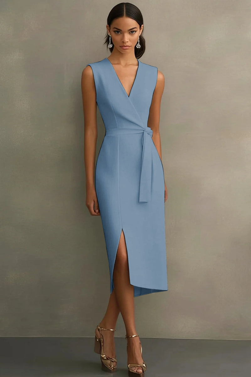 Load image into Gallery viewer, White Bodycon Satin V-Neck Mid-Calf Semi Formal Dress with Slit