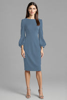 Load image into Gallery viewer, Navy Satin Bodycon Midi Work Dress with Long Sleeves