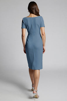 Dusty Blue Bodycon Midi Satin Work Dress with Slit