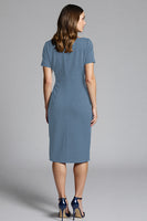 Load image into Gallery viewer, Navy Bodycon Ruched Midi Satin Work Dress