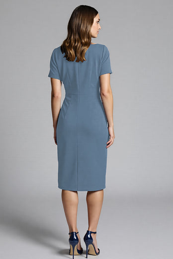 Navy Bodycon Ruched Midi Satin Work Dress
