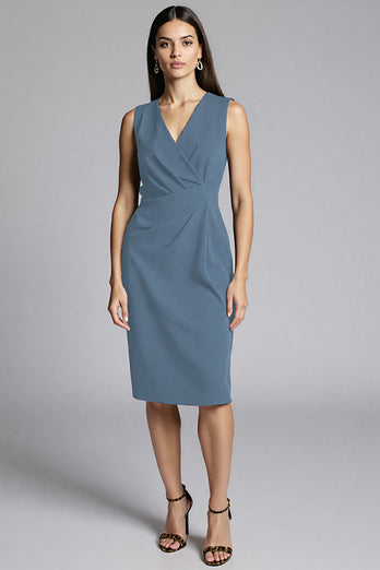 Navy Satin Bodycon V-Neck Midi Work Dress