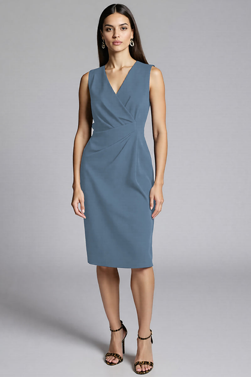 Load image into Gallery viewer, Navy Satin Bodycon V-Neck Midi Work Dress