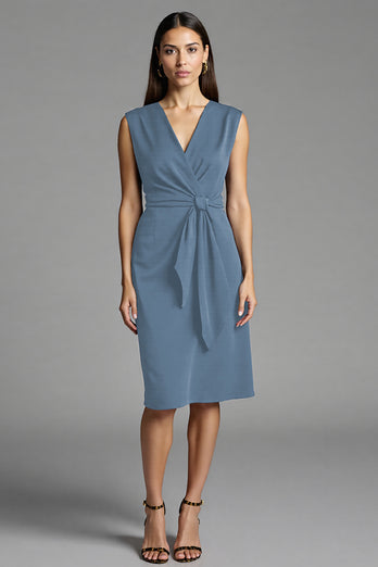 Navy Bodycon Satin V-Neck Midi Work Dress with Ruffles