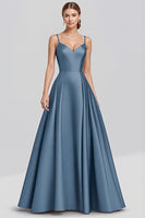 Load image into Gallery viewer, Black A Line Satin Spaghetti Straps Long Formal Dress