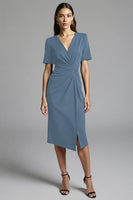 Load image into Gallery viewer, Navy Bodycon Satin V-Neck Midi Work Dress with Sleeves