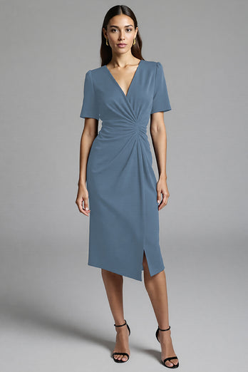 Navy Bodycon Satin V-Neck Midi Work Dress with Sleeves