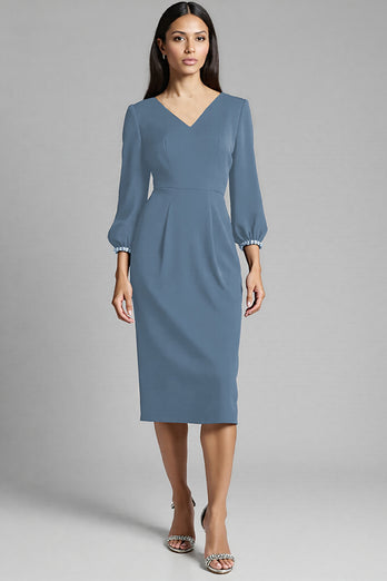 Navy Satin V-Neck Bodycon Midi Work Dress
