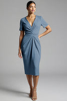 Load image into Gallery viewer, Tahiti Bodycon V-Neck Midi Satin Work Dress with Sleeves