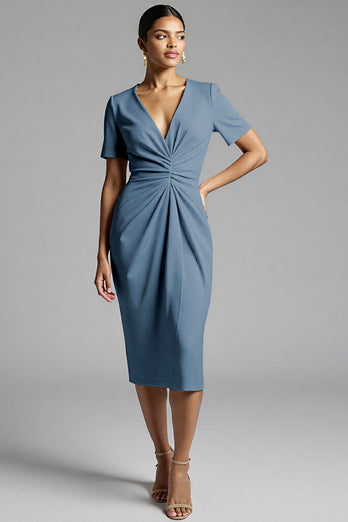 Tahiti Bodycon V-Neck Midi Satin Work Dress with Sleeves