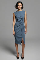Load image into Gallery viewer, Grey Bodycon Satin Ruched Midi Work Dress with Slit