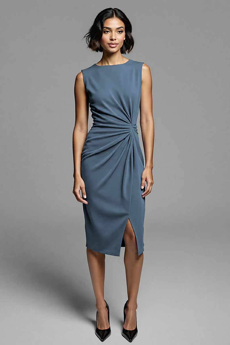 Load image into Gallery viewer, Grey Bodycon Satin Ruched Midi Work Dress with Slit