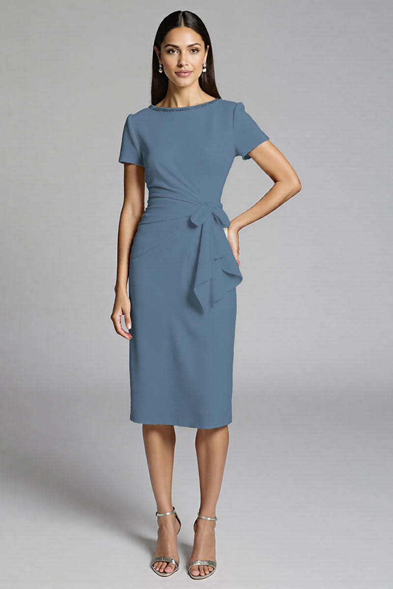 Load image into Gallery viewer, Beige Bodycon Midi Satin Work Dress with Ruffles