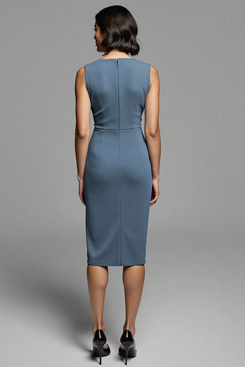 Grey Bodycon Satin Ruched Midi Work Dress with Slit