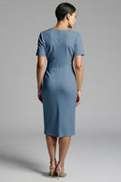 Load image into Gallery viewer, Champagne Bodycon V-Neck Midi Satin Work Dress with Sleeves