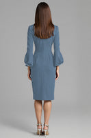 Load image into Gallery viewer, Navy Satin Bodycon Midi Work Dress with Long Sleeves
