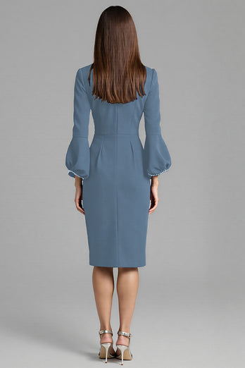Navy Satin Bodycon Midi Work Dress with Long Sleeves