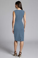 Load image into Gallery viewer, Navy Satin Bodycon V-Neck Midi Work Dress