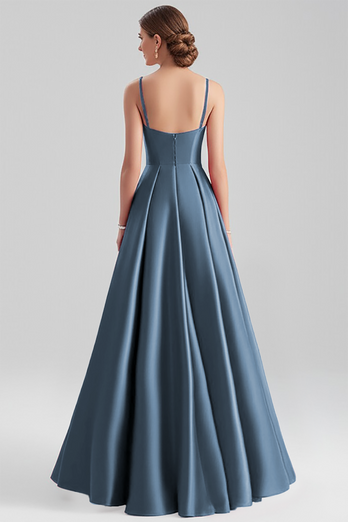 Black A Line Satin Spaghetti Straps Long Formal Dress