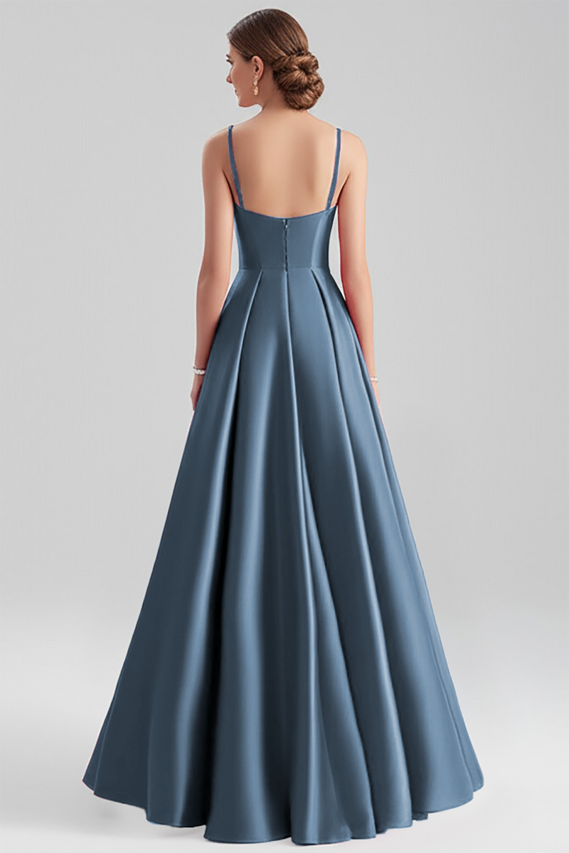 Load image into Gallery viewer, Black A Line Satin Spaghetti Straps Long Formal Dress