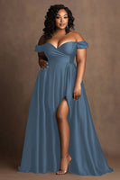 Load image into Gallery viewer, Queendancer Women Navy Plus Size Long Formal Dress with Slit Off the Shoulder Satin A Line Sweetheart Party Dress