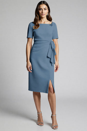 Dusty Blue Bodycon Midi Satin Work Dress with Slit