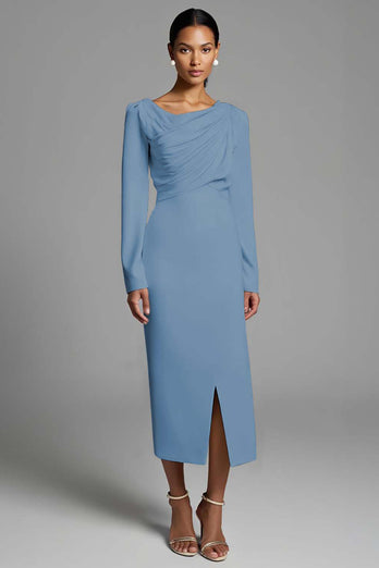 Ivory Sheath Ruched Long Sleeves Work Dress with Slit