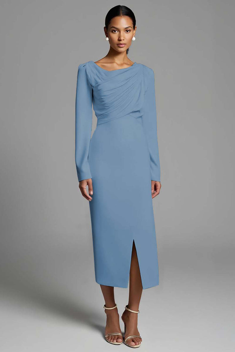 Load image into Gallery viewer, Ivory Sheath Ruched Long Sleeves Work Dress with Slit