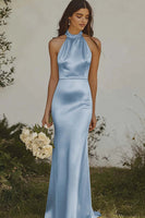 Load image into Gallery viewer, Light Yellow Halter Satin Sheath Long Formal Dress