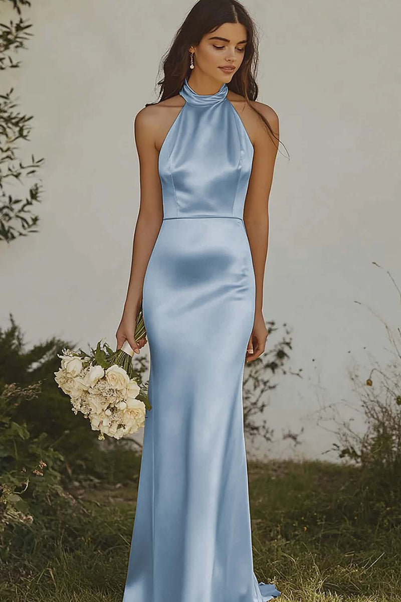 Load image into Gallery viewer, Light Yellow Halter Satin Sheath Long Formal Dress