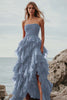 Load image into Gallery viewer, Fuchsia Tulle A Line Tiered Ruched Long Formal Dress