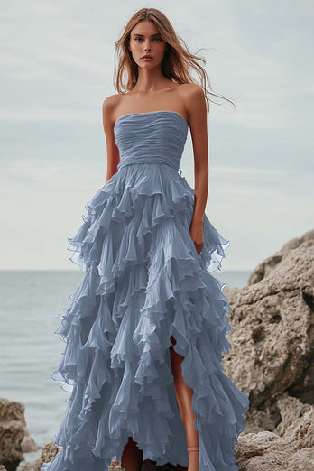 Fuchsia Tulle A Line Tiered Ruched Long Formal Dress