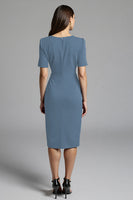 Load image into Gallery viewer, Navy Bodycon Satin V-Neck Midi Work Dress with Sleeves