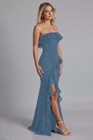 Load image into Gallery viewer, Black Chiffon Sheath Ruffled Long Formal Dress with Slit