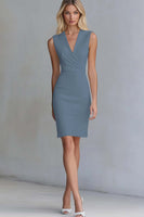 Load image into Gallery viewer, Queendancer Women Lilac Satin Short Work Dress V-Neck Pencil Sleeveless Bodycon Semi Formal Dress