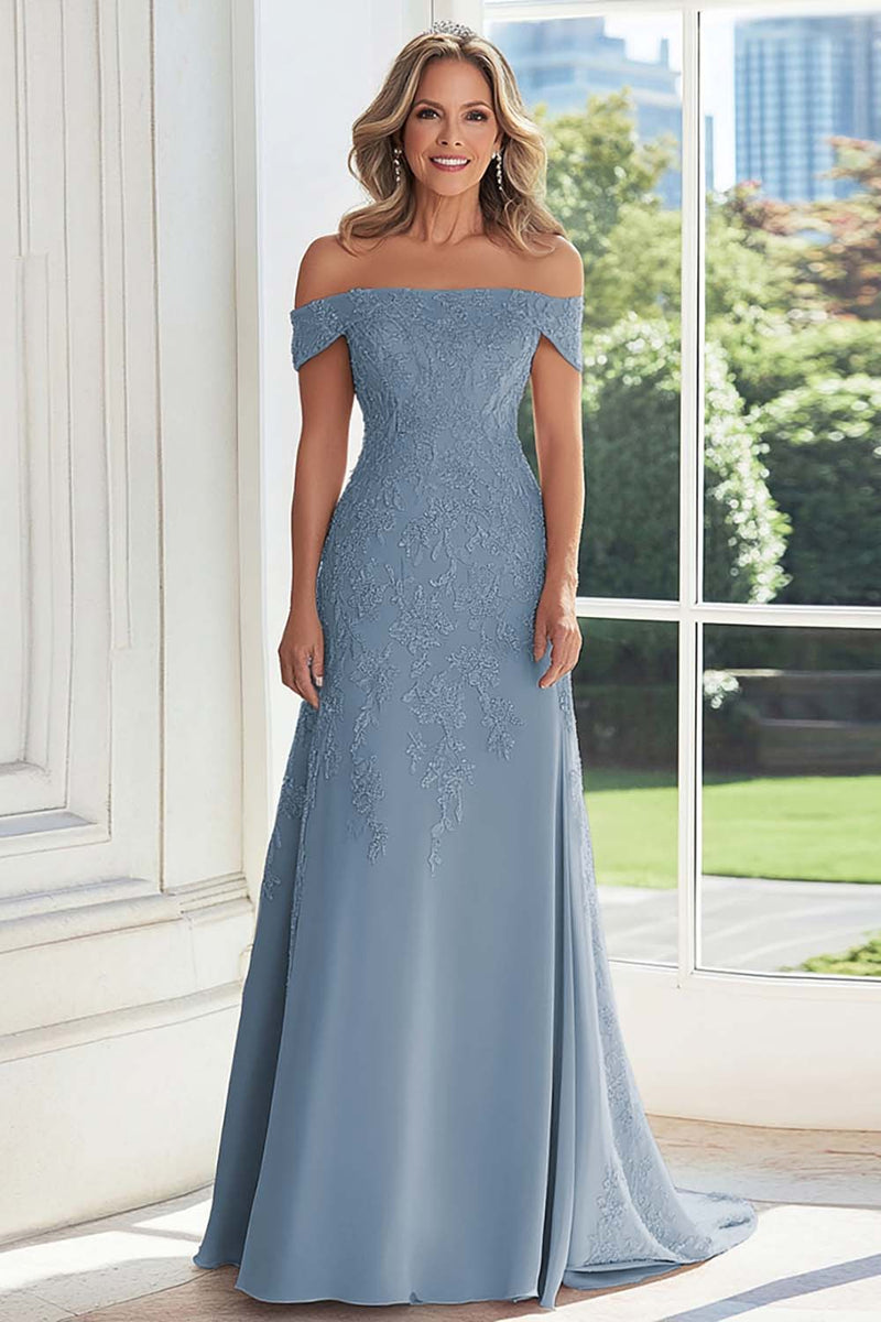 Load image into Gallery viewer, Off The Shoulder Taupe Sheath Mother of the Bride Dress with Lace