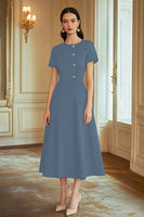 Load image into Gallery viewer, Navy A Line Mid-Calf Semi Formal Dress with Sleeves