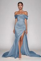 Load image into Gallery viewer, Dark Green Satin Off the Shoulder Sheath Long Prom Dress with Slit