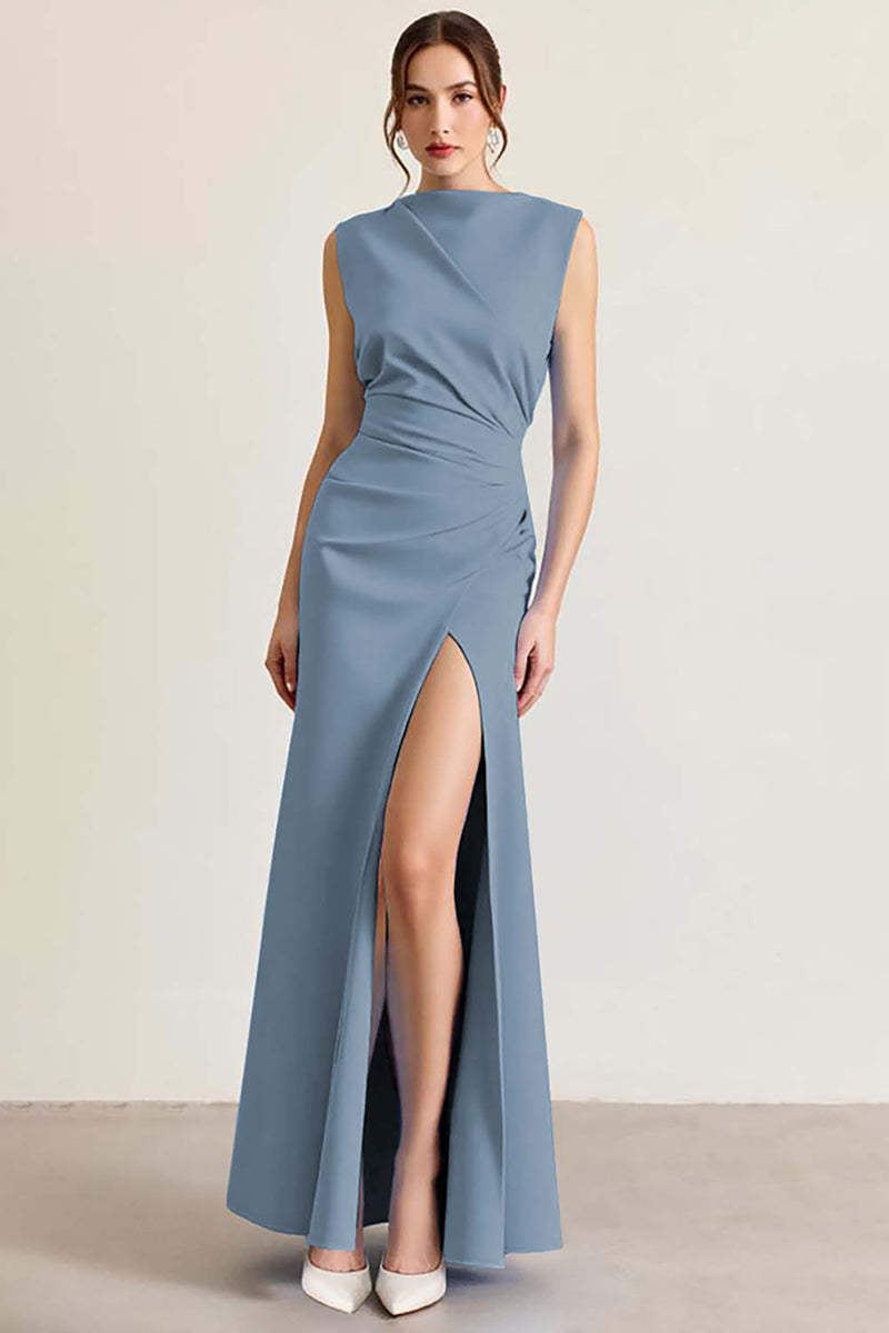 Load image into Gallery viewer, Queendancer Women Dusty Rose Sheath Long Formal Dress with Slit Sleeveless Ruched Prom Dress
