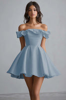 Load image into Gallery viewer, Dusty Blue A Line Off the Shoulder Satin Mini Graduation Dress with Ruffles