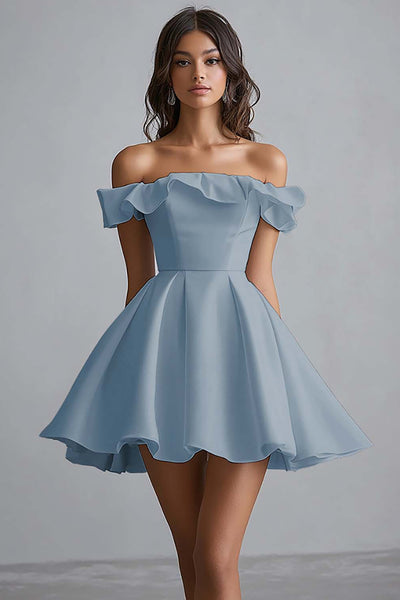Dusty Blue A Line Off the Shoulder Satin Mini Graduation Dress with Ruffles