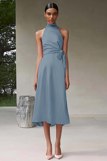 Dusty Sage A Line Satin Halter Long Formal Dress