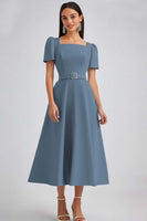 Load image into Gallery viewer, Sky Blue Satin A Line Square Neck Midi Work Dress with Sleeves