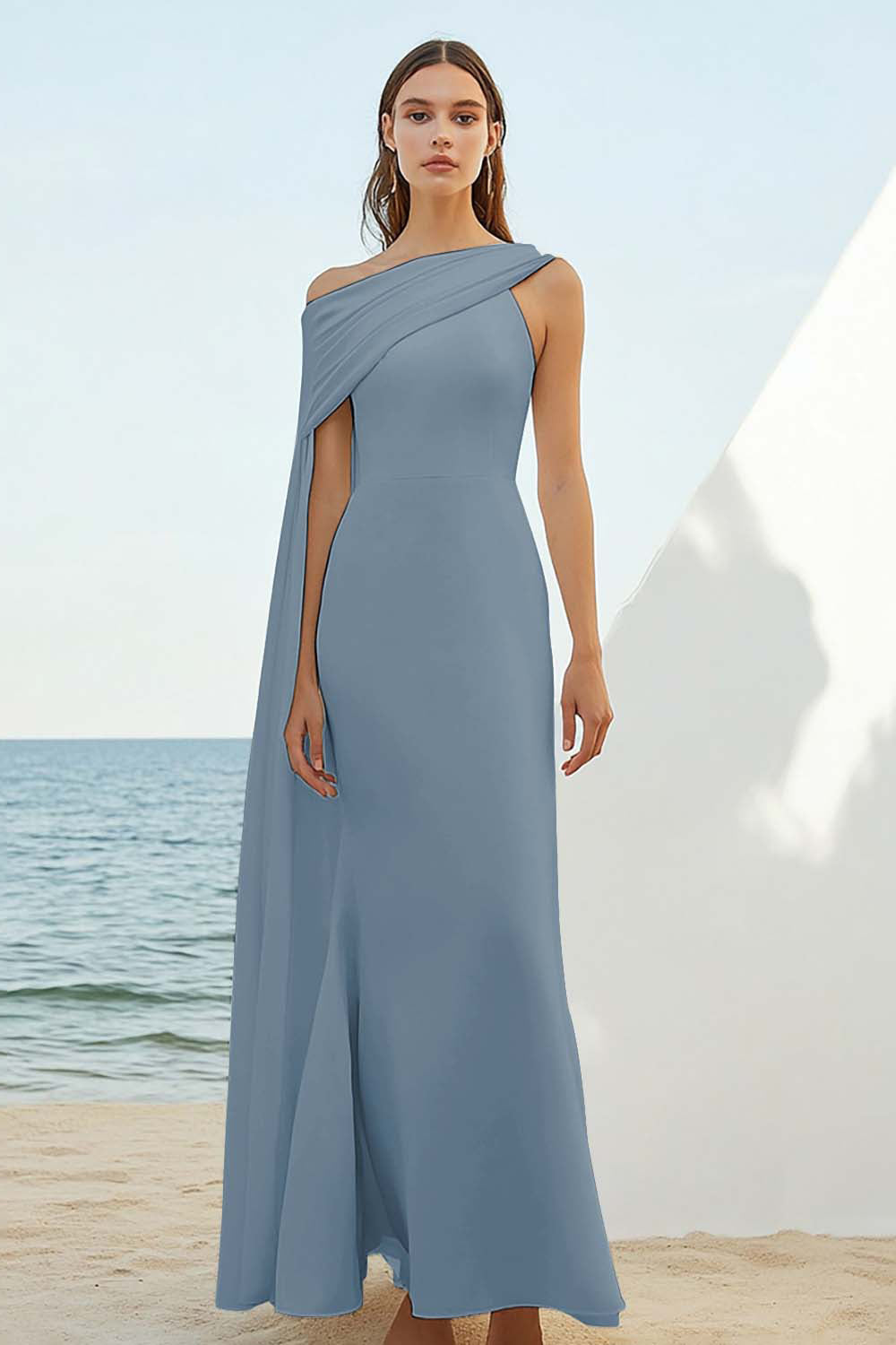 Chiffon Dusty Blue Asymmetrical Sheath Rehearsal Dinner Dress