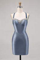 Load image into Gallery viewer, Sparkly Dark Green Satin Corset Tight Short Homecoming Dress with Beading